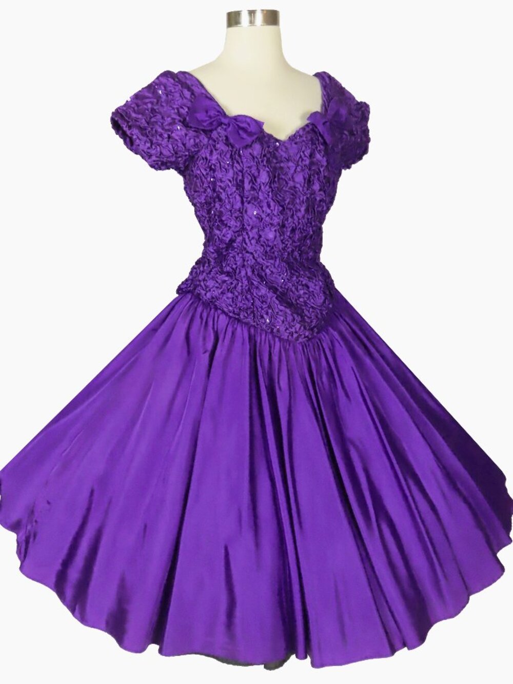 Vintage 80s Purple Crinkle Full Skirt Satin Bows Sequin Prom Party Dress S M